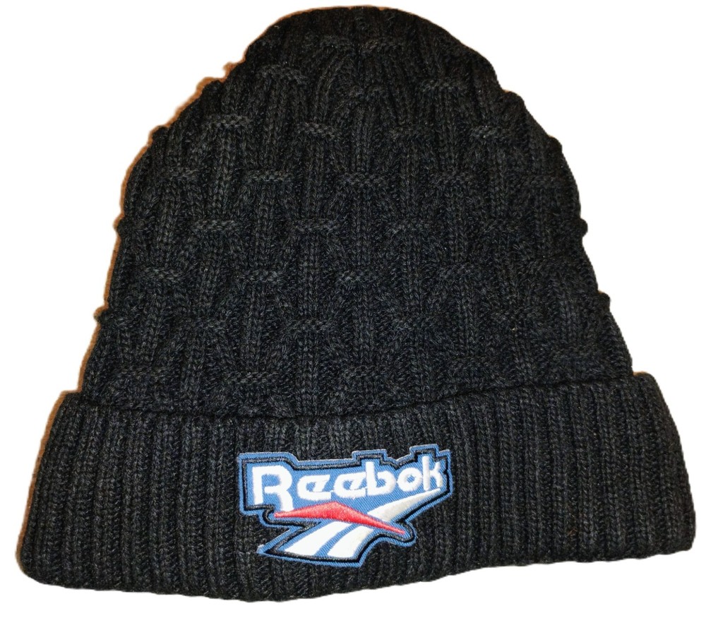 Reebok Cable Knit Beanie with Felt Lining and Black Logo Spell Out Cuffed Cap