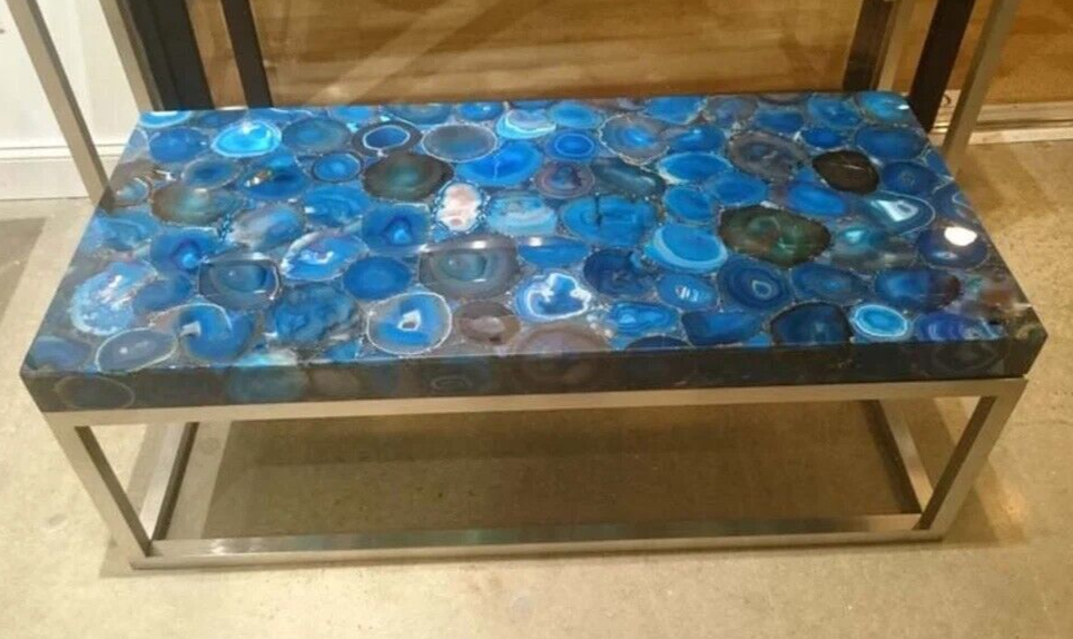 36x22 Blue Agate Coffee Table, Natural Stone Sofa Centerpiece for Living Room