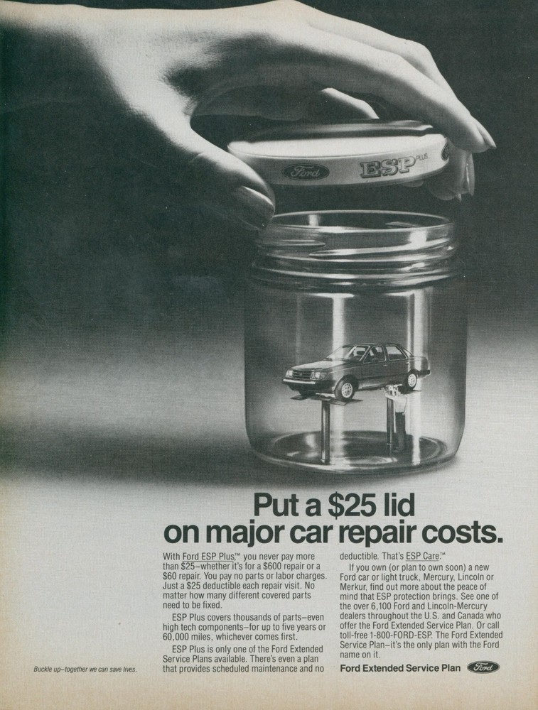 1986 Ford Extended Service Plan Toy Car Model in Jar Lid Vintage Print Ad SI12