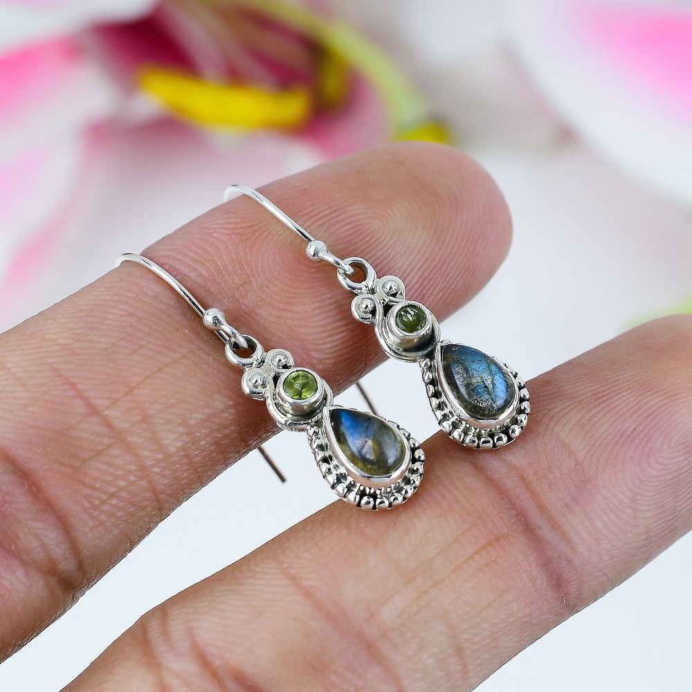 Natural Labradorite,Peridot Gemstone 925 Solid Sterling Silver Earring 1.5