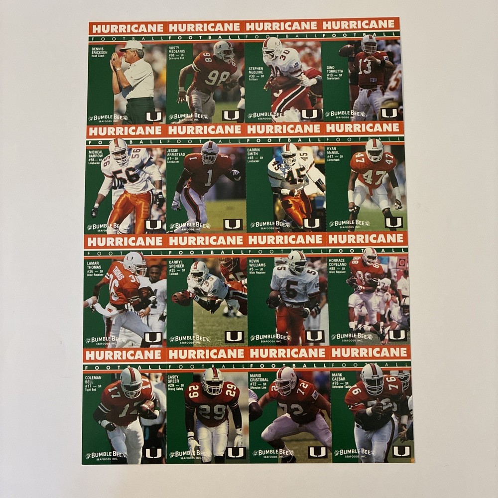 1992 Bumble Bee University of Miami Hurricane Football Trading Cards Uncut RARE