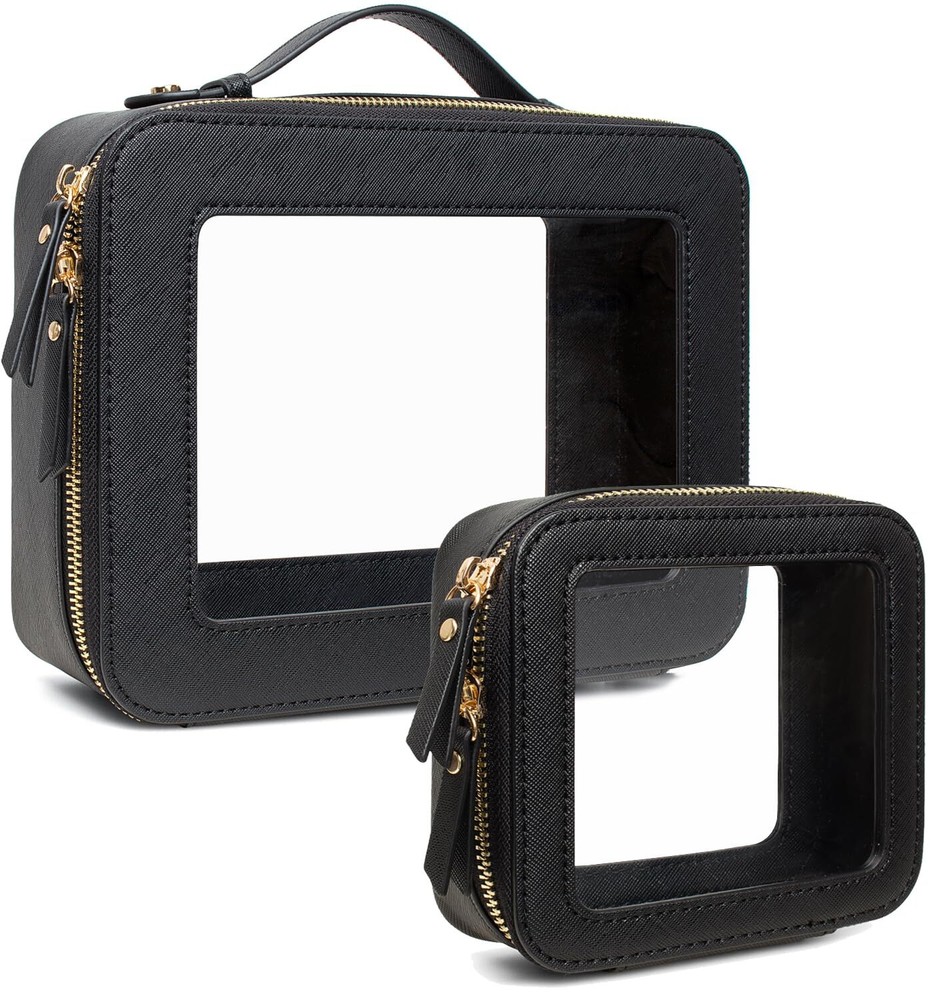 TSA-approved clear makeup bag with large opening and handle