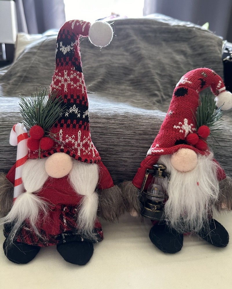 Christmas Gnomes. Set Of 2. Knitted Red/black. 1 Has Oil Lamp & 1 Has CandyCane.