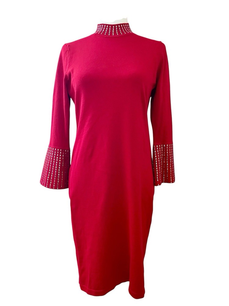 Calvin Klein Womens Red Mock Neck Studded Bell Sleeve Sheath Dress Size M