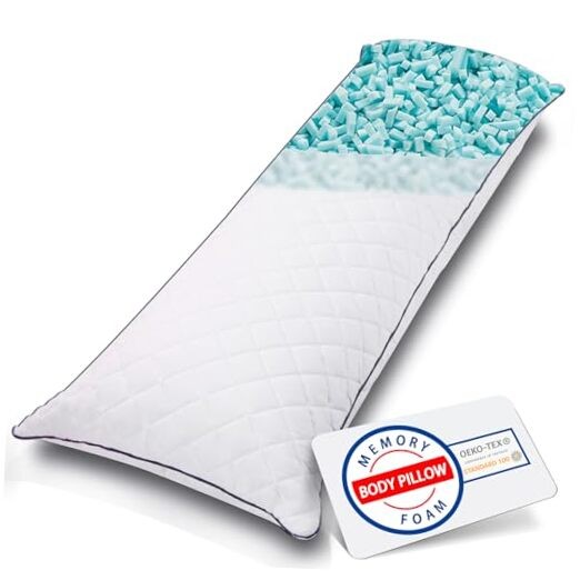 Cooling Memory Foam Body Pillow for Adults – Long White Support for Comfortable Sleep