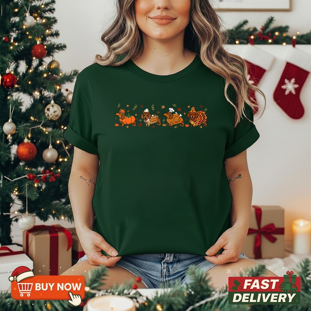 Thanksgiving Shirt, Dachshund Dog Pumpkin Pie Turkey TShirt - Multicolors S-5XL