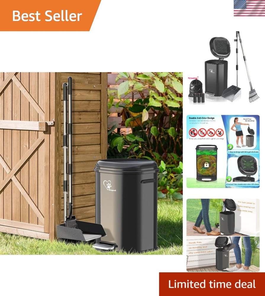 Dog Poop Trash Can Outside, Waste Bin with Lid and Removable Inner,Metal Rake...