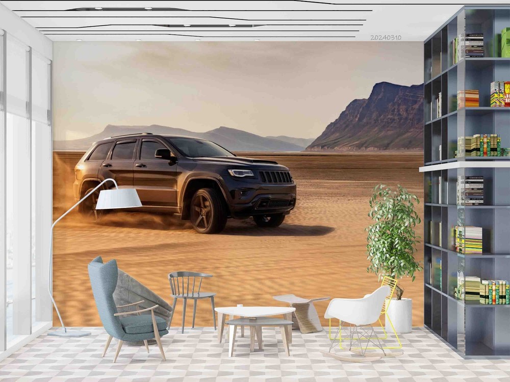 3D Car Desert Mountains Landscape Wall Murals Wallpaper Murals Wall Sticker