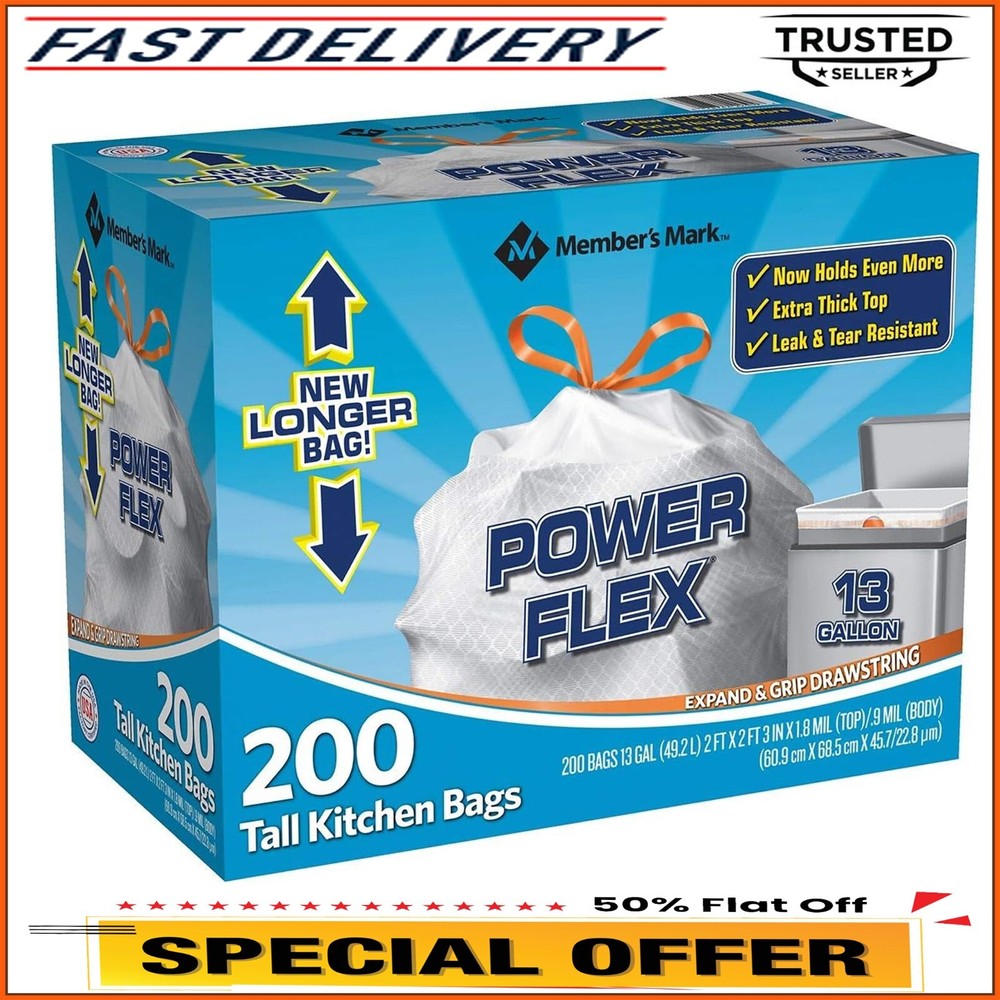 Member's Mark Power Flex Tall Kitchen Drawstring Trash Bags 13 Gallon, 200 ct