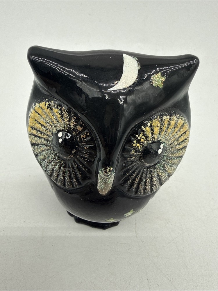 Fenton 2005 Hand Painted Black Hootie Owl Nightime Moon & Stars Figurine