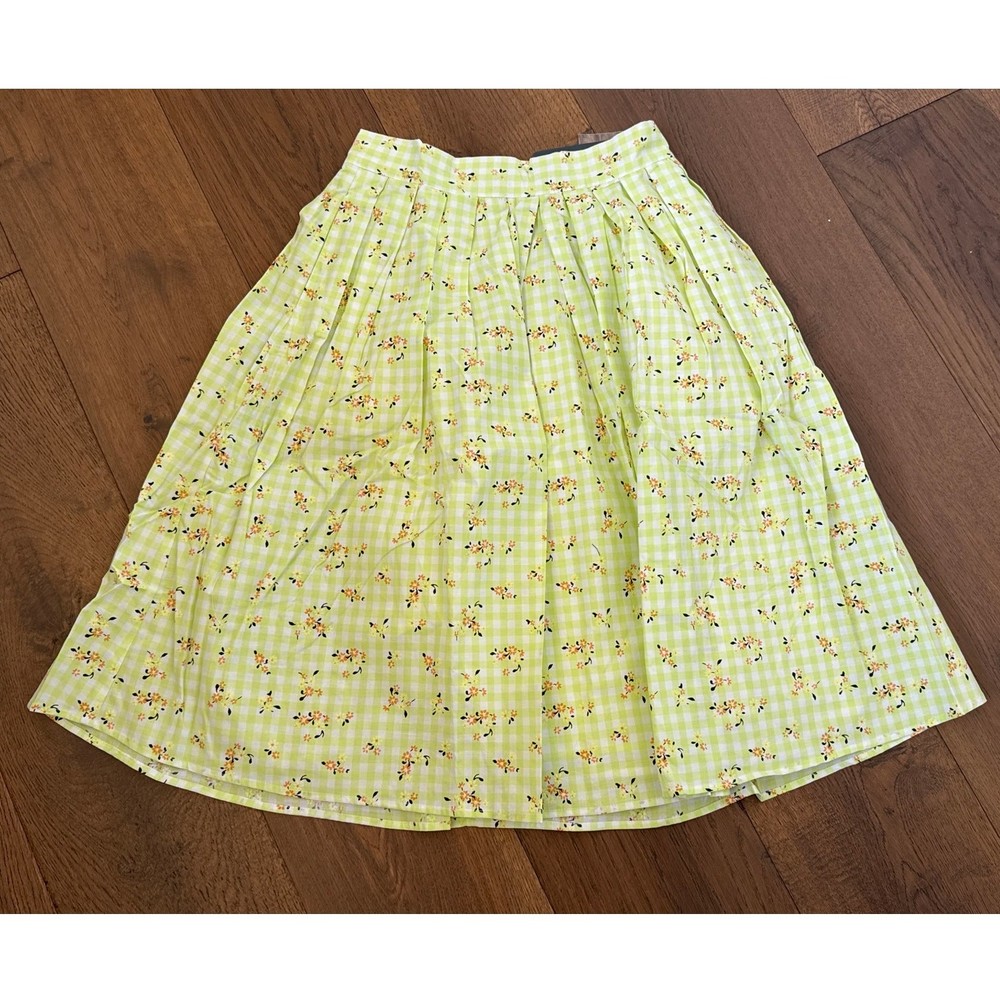 ModCloth Green Gingham Cottage Pleated Skirt Size 6 New With Tags