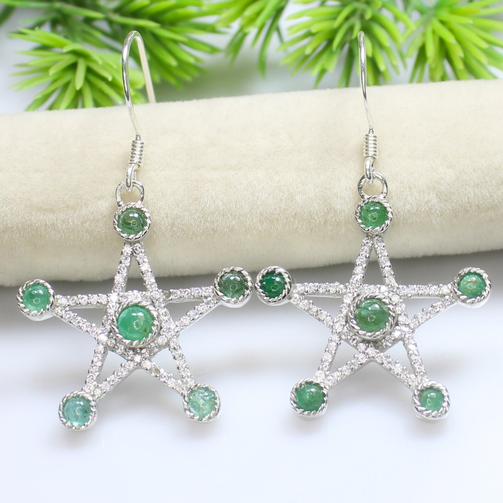 Natural Green Emerald Earrings With 925 Sterling Silver 6.00  Grams