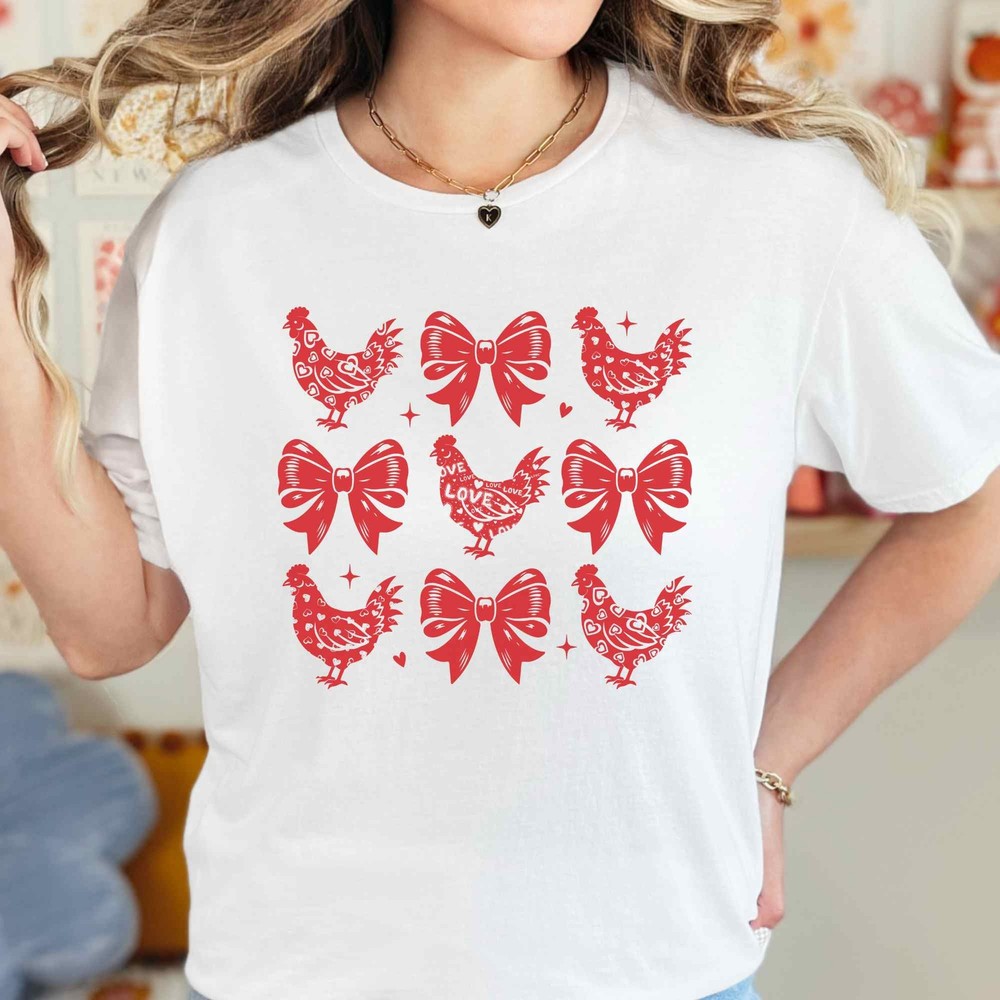 Funny Valentines Day Shirt with Chickens and Bows Farm Animal Gift-image