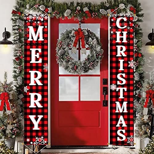 Christmas Decorations Outdoor Yard Front Porch Buffalo Plaid Xmas Door Banner