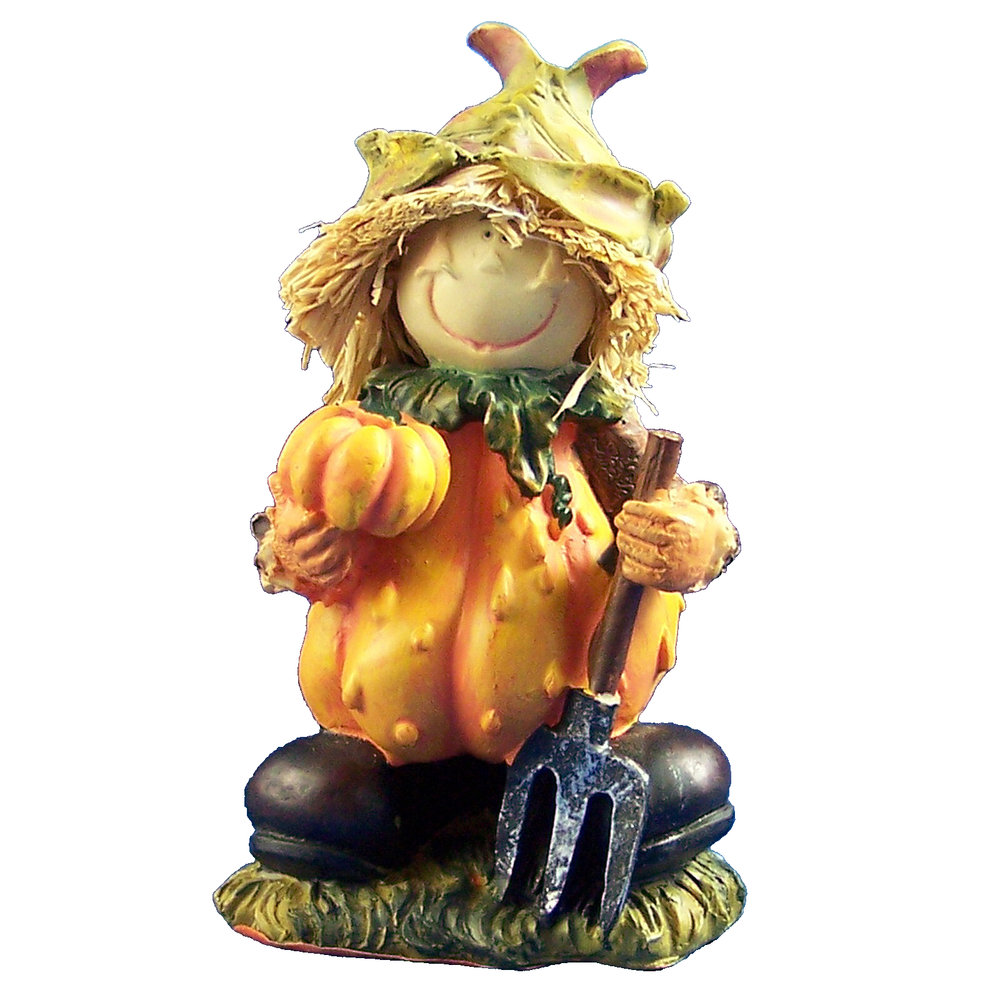 Autumn Harvest Figurine Resin & Straw Scarecrow With Pitchfork Pumpkin Cute 5