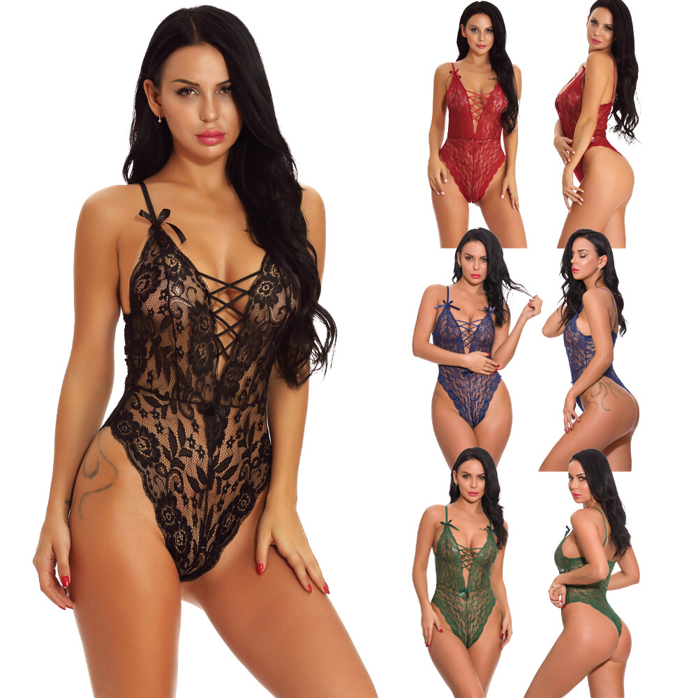 Sexy V-neck Lace Babydoll Bodysuit for Women Sleepwear Underwear US