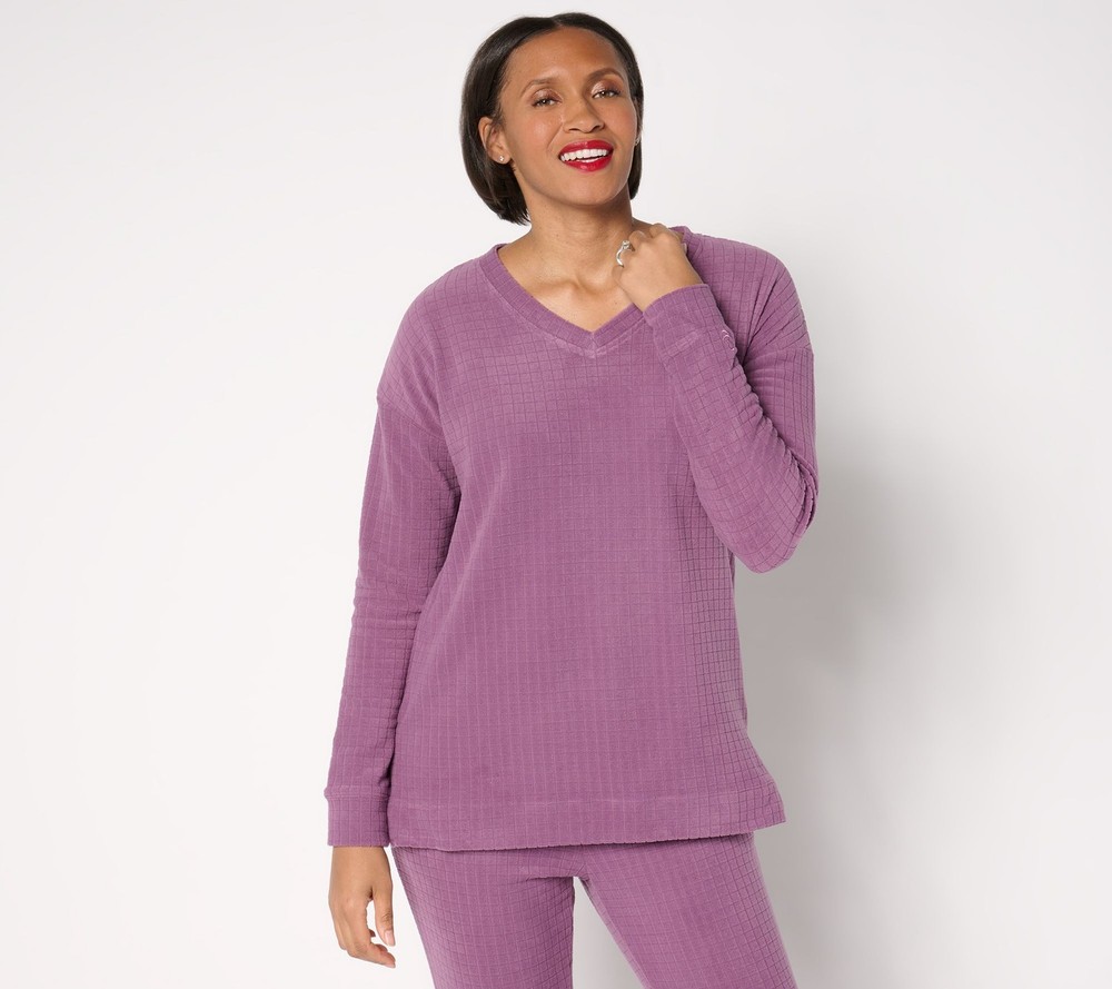 Maya J Women's Top Sz M Grid Fleece V-Neck Pullover Purple A667659
