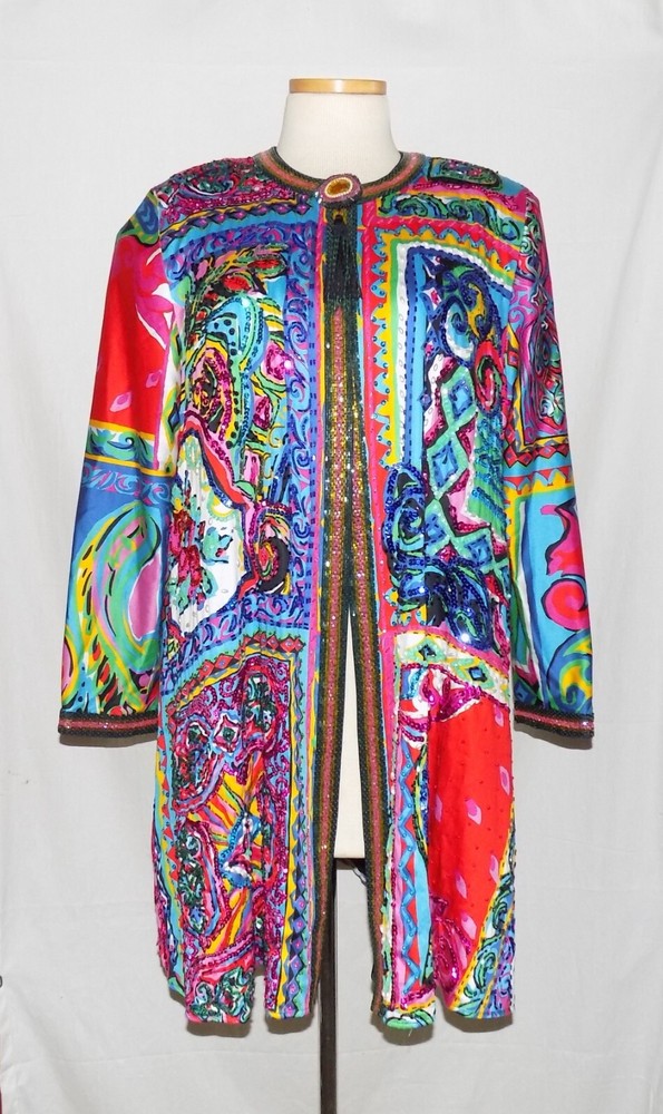 Diane Freis Beaded Sequined Cardigan Duster Jacket Bold Abstract Print 1-Snap L