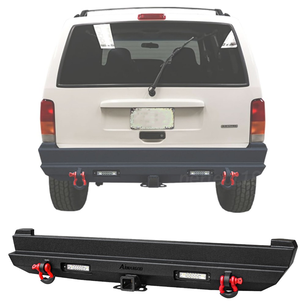 Textured Steel Rear Bumper w/ LED Lights & D-Rings KIT For 1989-2001 Cherokee XJ
