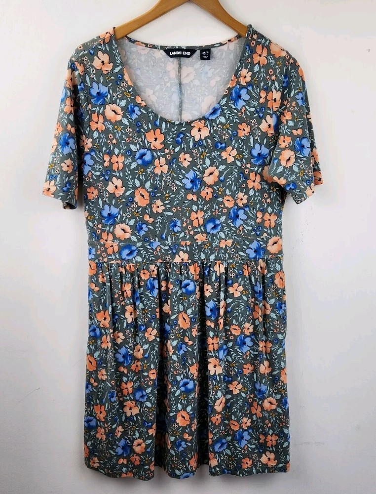 Lands End Women Floral Cap Sleeve Summer Stretch Knit Dress Size Medium Pettie