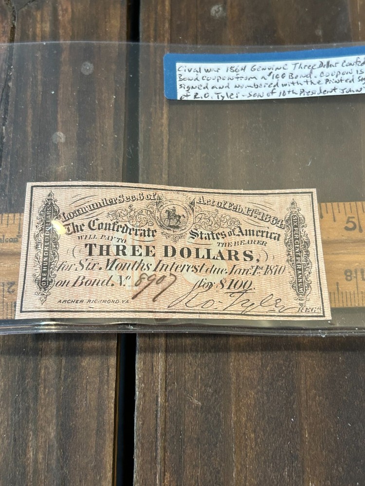 1864 Confederate $3 Civil War Bond Coupon-image