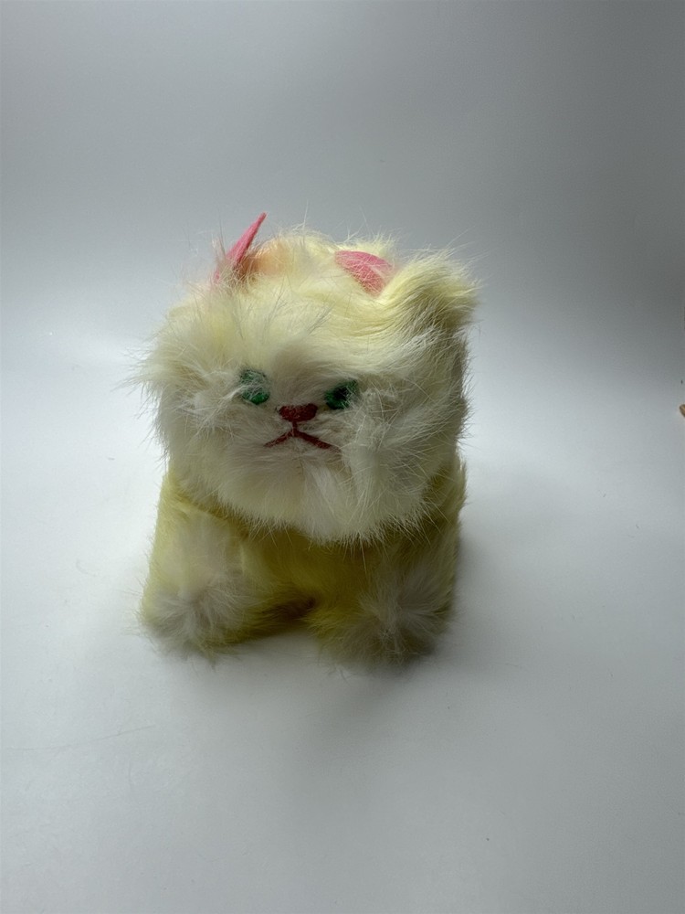Vintage 1950s Jerry Elsner Cat Plush REAL RABBIT FUR Yellow Green Eyes Bow