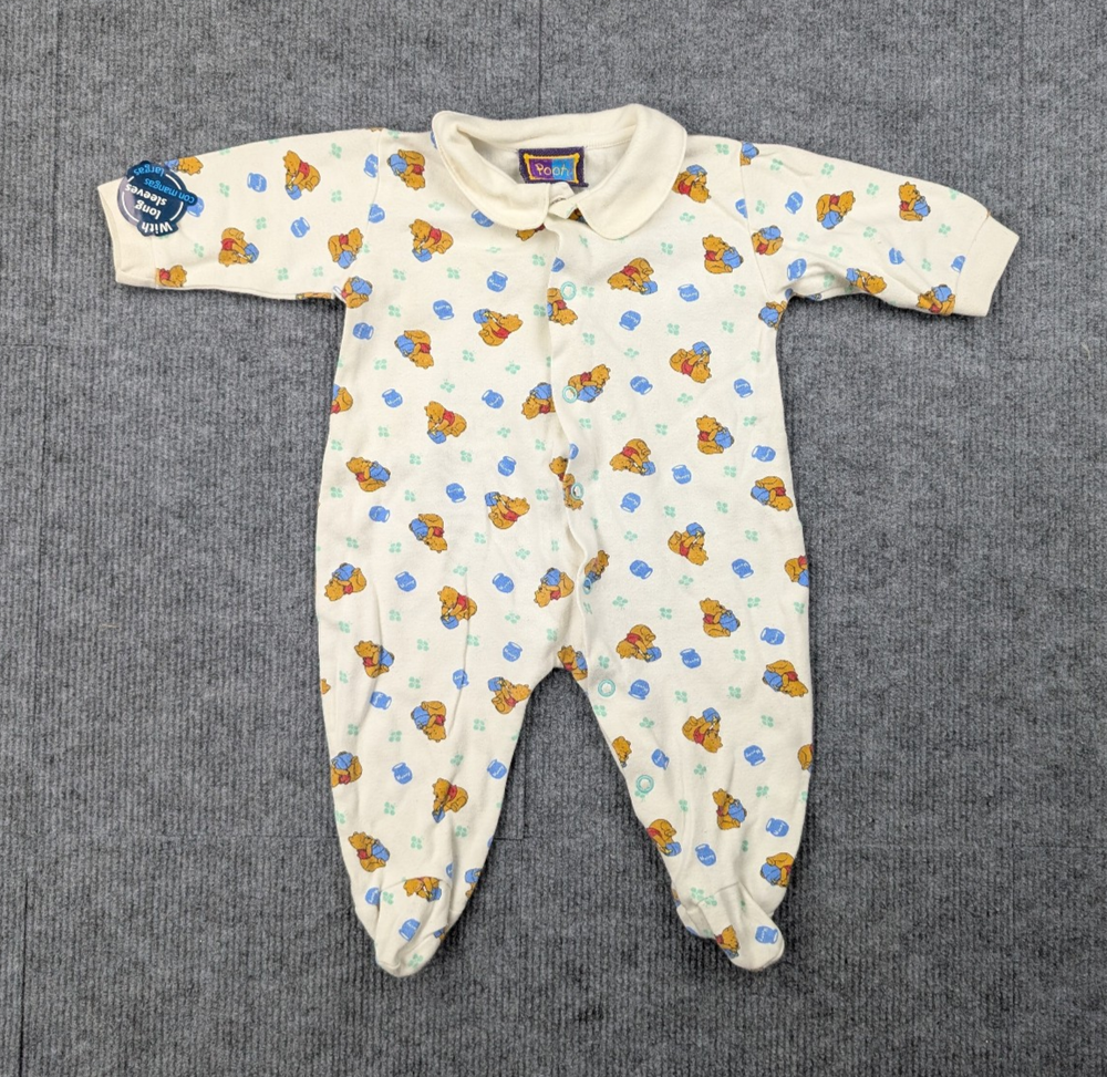 Vintage Winnie The Pooh One Piece Baby 6M Sleepwear Cotton AOP Retro Romper 90s