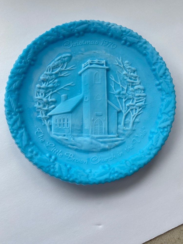 Vintage Fenton Christmas in America 1970 Blue Satin Glass Collector Plate