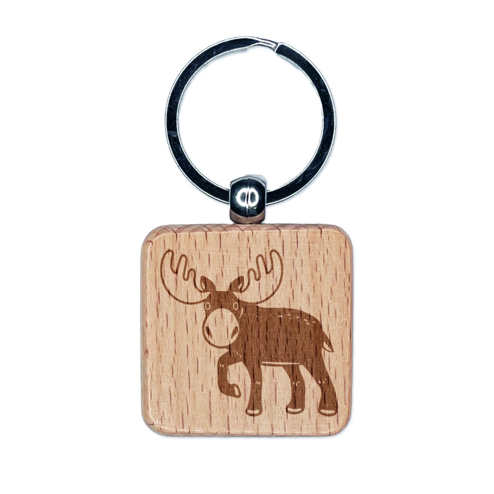 Cartoon Moose Engraved Wood Square Keychain Tag Charm