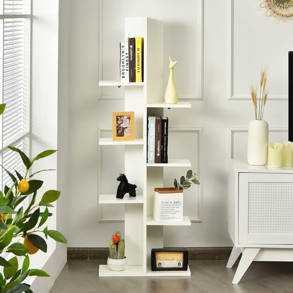 Tree Bookshelf, Geometric Bookcase with 8 Open Shelves, Wooden Book Shelves