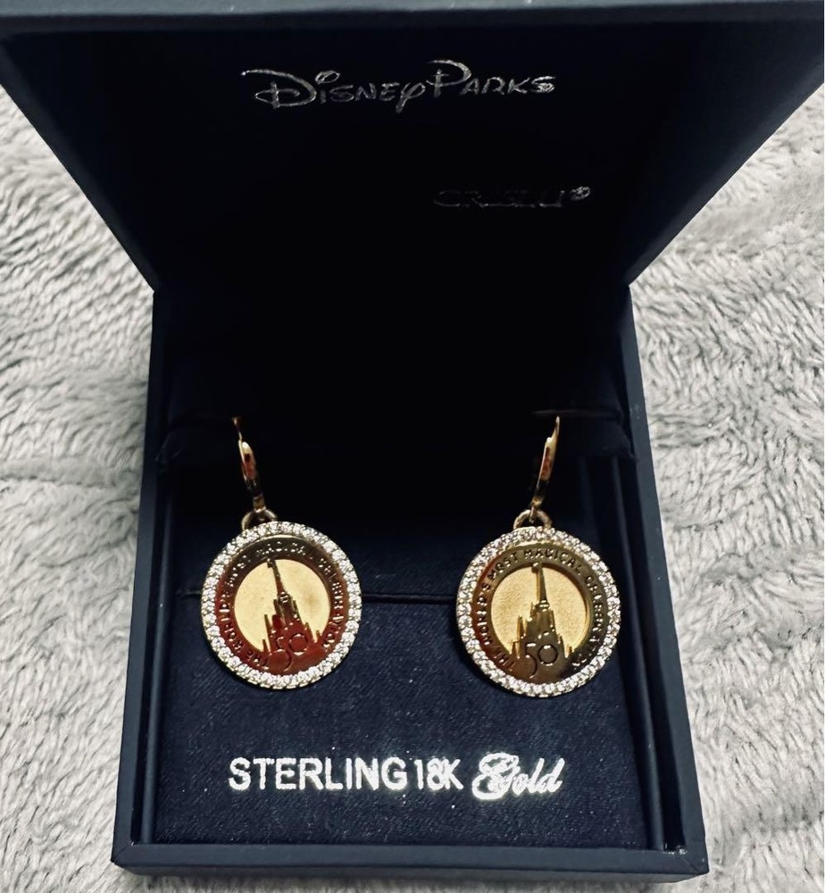 Disney Store CRISLU DISNEY 50th Anniversary Earrings Sterling 18K Gold W/Box