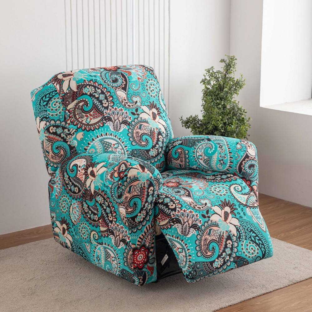 Printed stretch recliner cover, side pockets, home decor protection, stylish