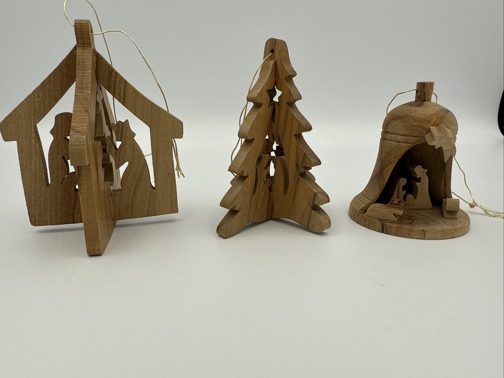 3-Piece Handcrafted Olive Wood Christmas Ornament Set  