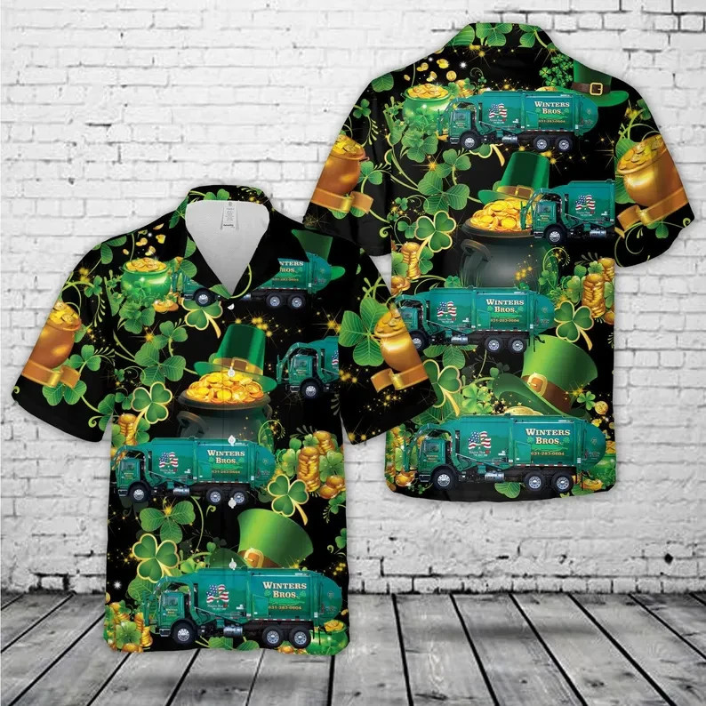 St Patricks Day Garbage Truck Hawaiian Shirt Men's Funny Irish Aloha Gift