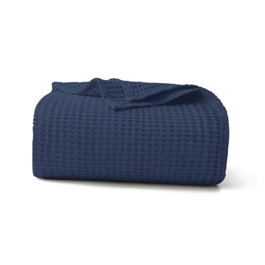 100% Cotton Waffle Blanket Pre-Washed Anti-Pill Queen Size 90x90 Navy Blue
