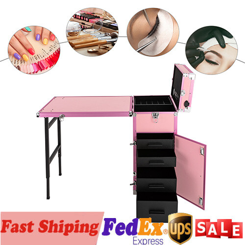 Rolling Manicure Table Nail Desk Travel Train Case Cosmetic Trolley & Speaker US