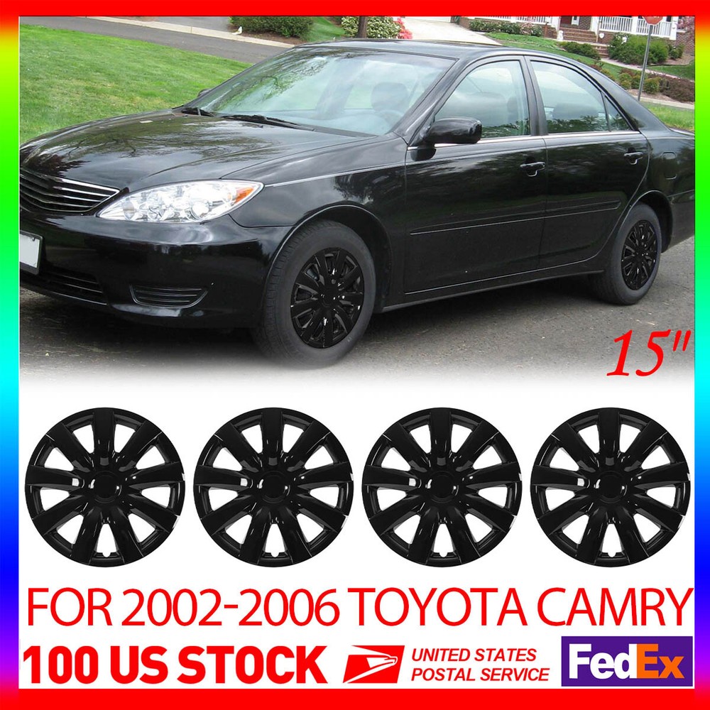 4 Black 15 Inch Premium Replica Hubcaps for 2002-2006 Toyota Camry