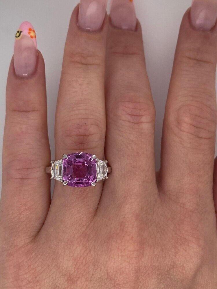 Engagement Ring 1 Carat Real Diamond Purple Pink Sapphire Solid 18K White Gold