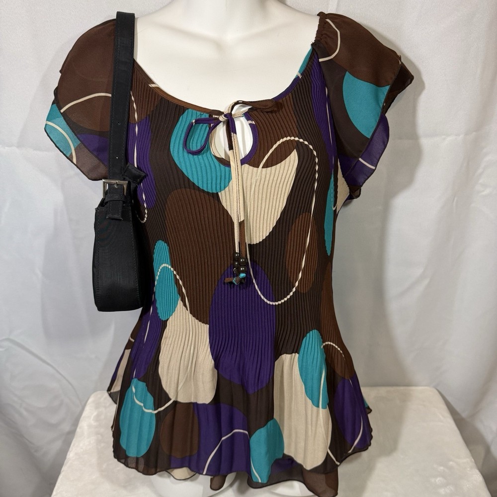 Y2K Pleated Abstract Print Top | Brown Purple Teal | Tie Front Blouse | Size L