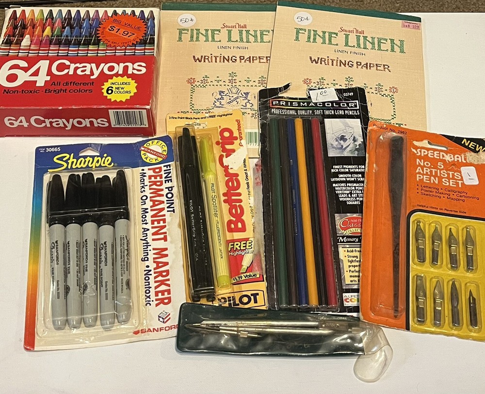 NOS Vtg Pens Paper Sharpies Crayons Prismacolors Pilot Office Supplies Writing
