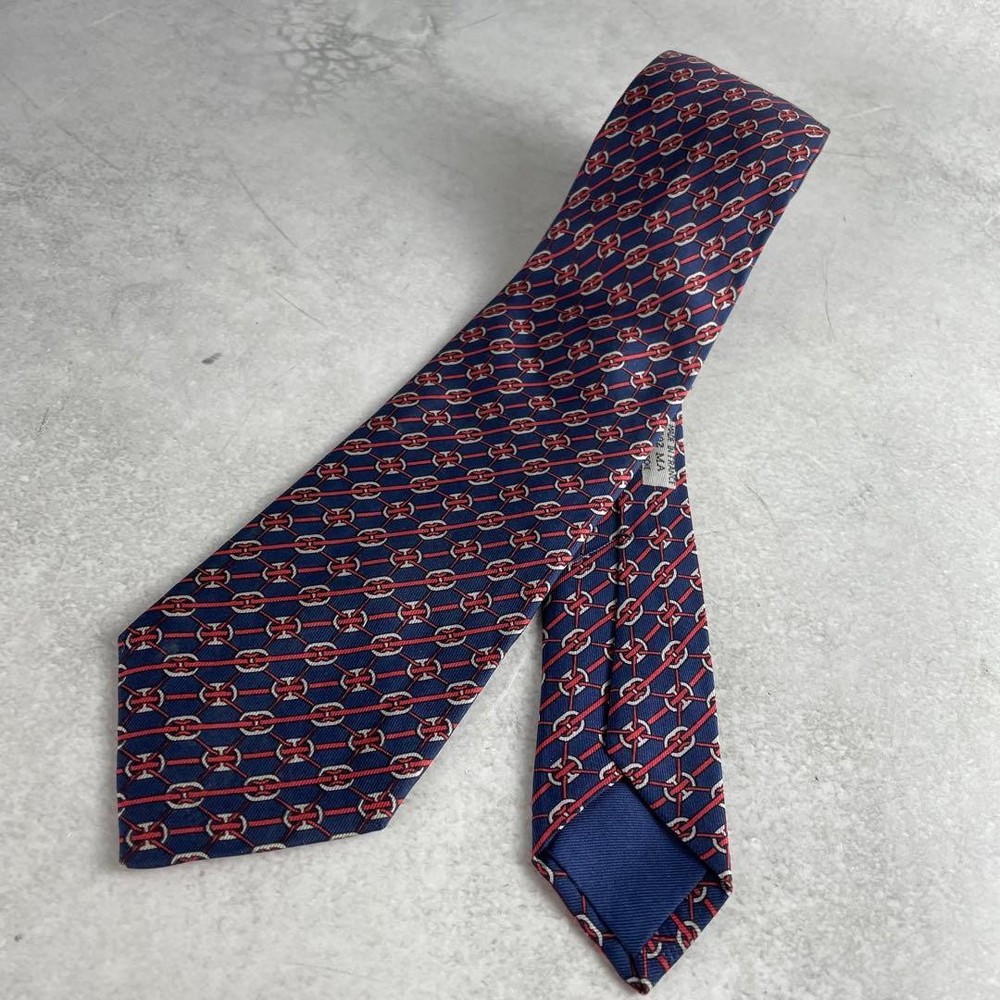 HERMES Necktie Tie Men's Navy All over Striped pattern 100% Silk Made in France