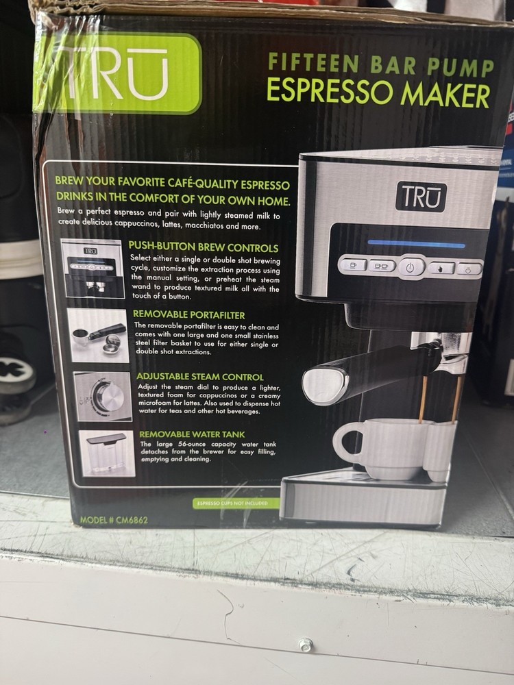 TRU 15-Bar Single/Double Shot Pump Espresso Maker CM-6863 Silver BRAND NEW