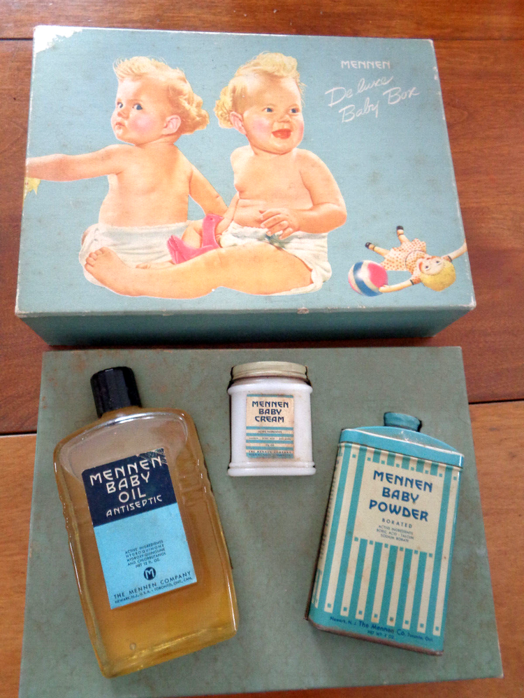 Vintage MENNEN Baby Gift Box Baby Antiseptic Oil , Borated Powder & Cream