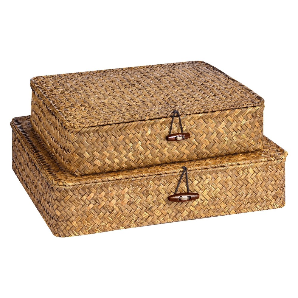 Set of 2 Flat Seagrass Storage Bins with Lid Wicker Baskets for Home Organization and Stylish Storage Solutions in Neutral Tones