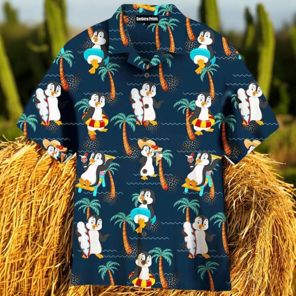 Penguin On Summer Vacation Coconut Palm Trees Aloha 3D Hawaiian Shirt Vibrant Tropical Design