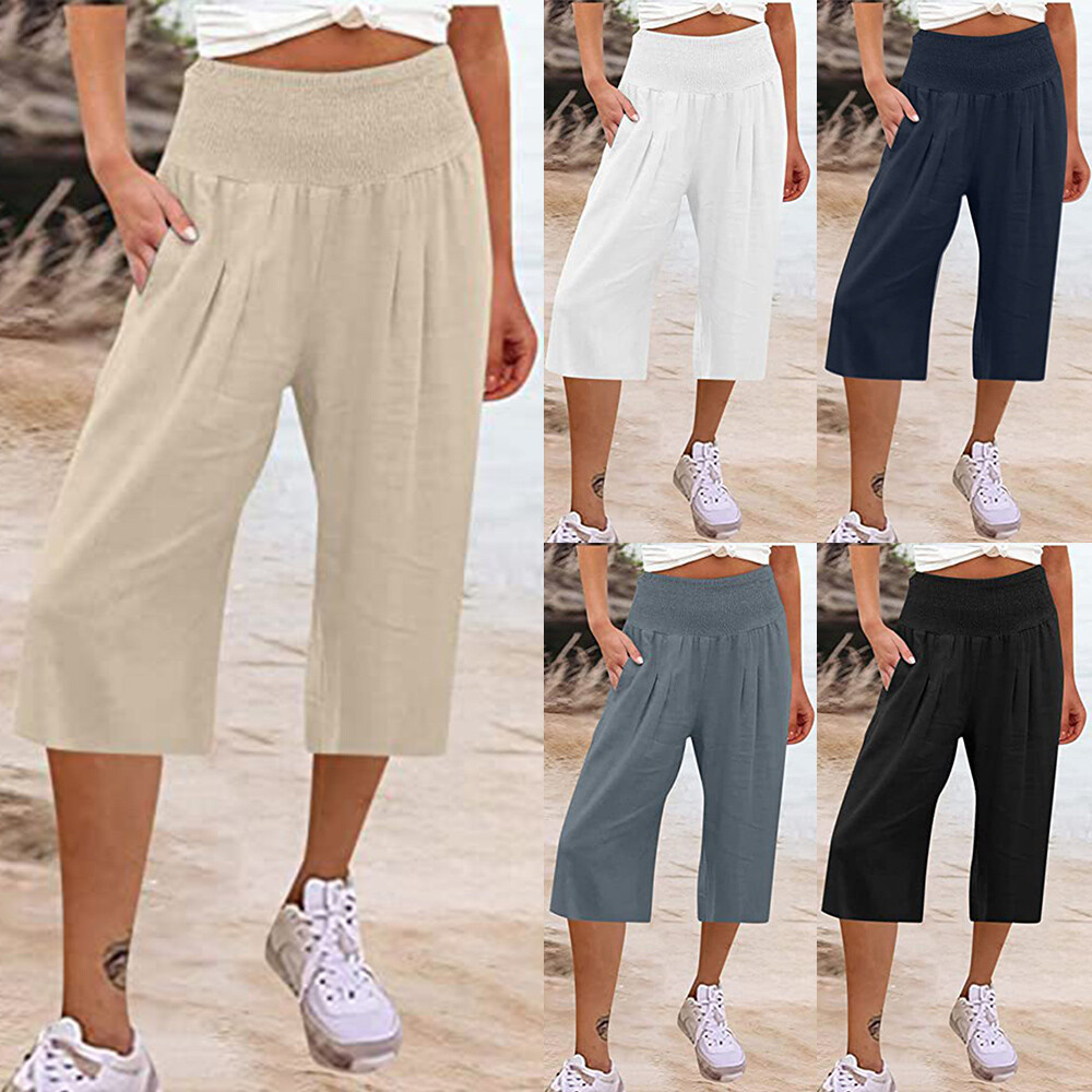 Womens High Waist 3/4 Length Linen Pants Ladies Solid Wide Leg Capri Trousers