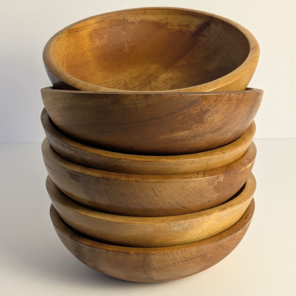 Vintage Hand Turned Wooden Bowls Set of 6 Made in Japan Mid Century Hardwood 60s