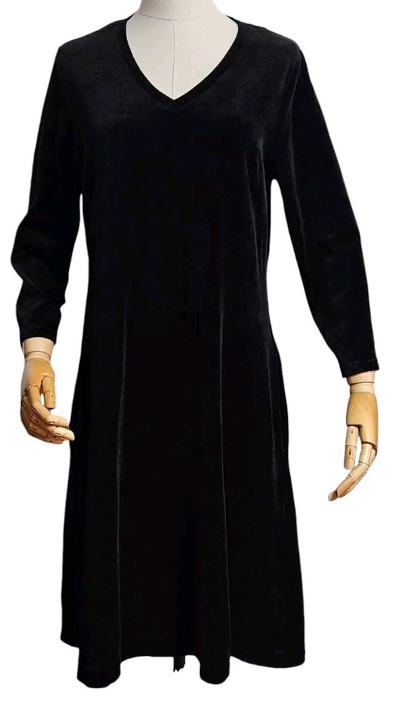 GUDRUN SJODEN Black Velvet Dress Fit & Flare 80% Organic Cotton and Pockets S/M