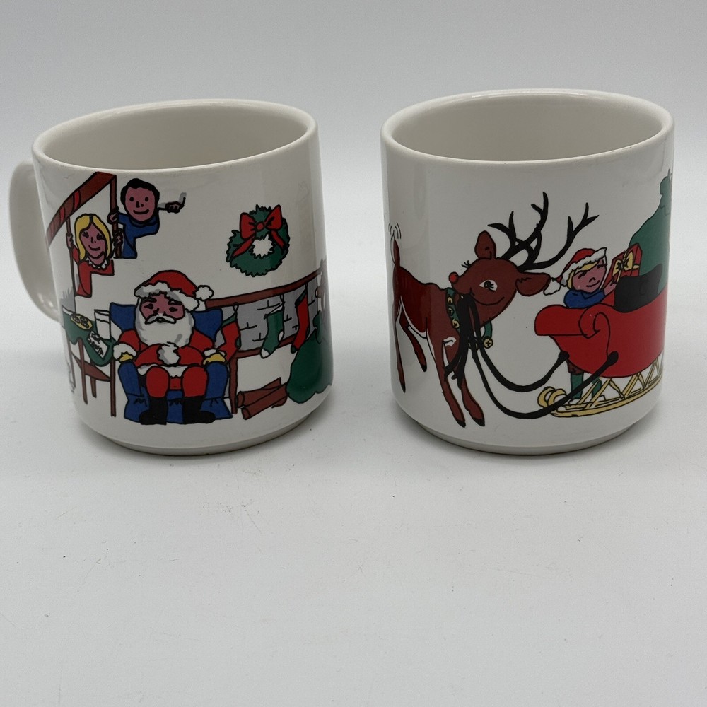 Vintage Vitromaster Santa Reindeer Sleigh Coffee Mug Set Of 2