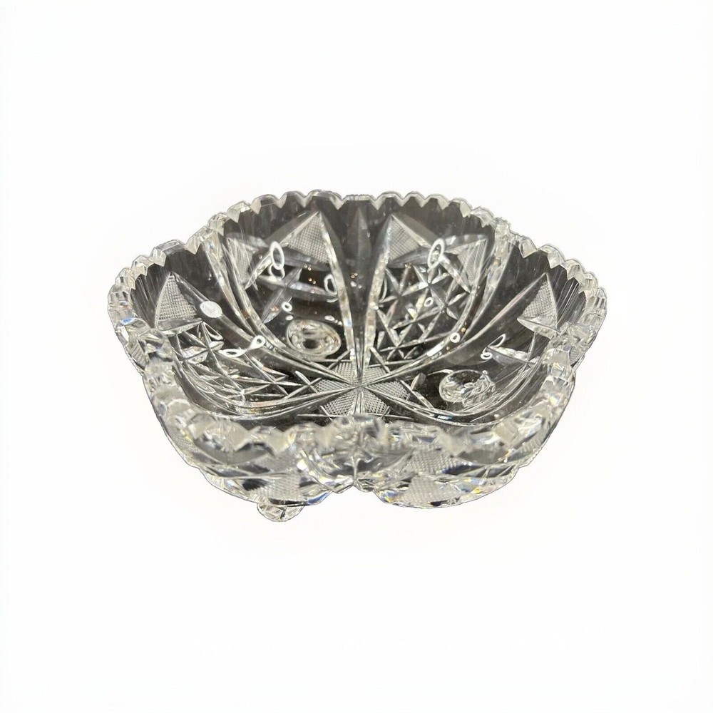 Elegant European Cut Crystal Nut Dish with Scalloped Edge & 3 Feet